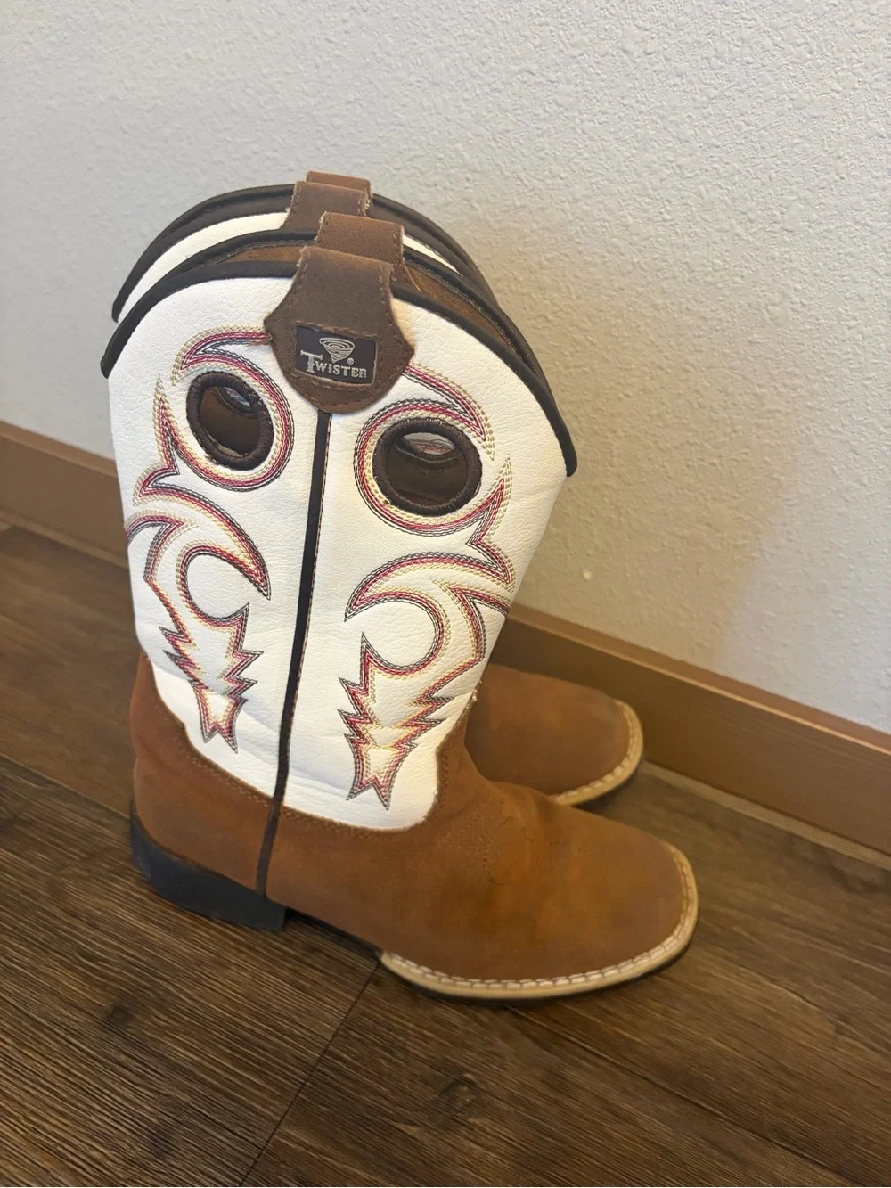 Twister Unisex Youth Trey Brown & White Faux Leather Western Cowboy Boots SZ 13